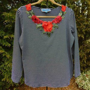 Karen Scott Striped Knit V-neck Top with Pretty Rose Appliques